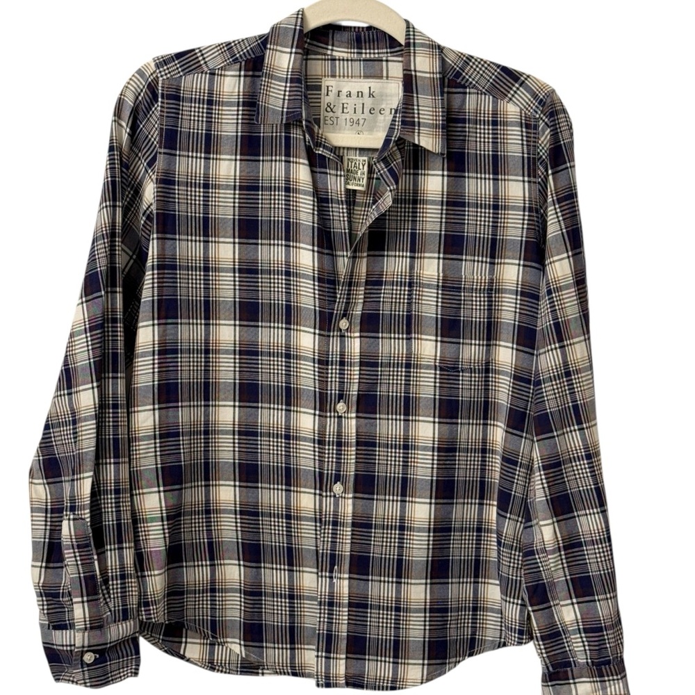 Frank&Eileen Barry Shirt Blue Sand Plaid Italian Cotton S USA Made Quiet Luxury